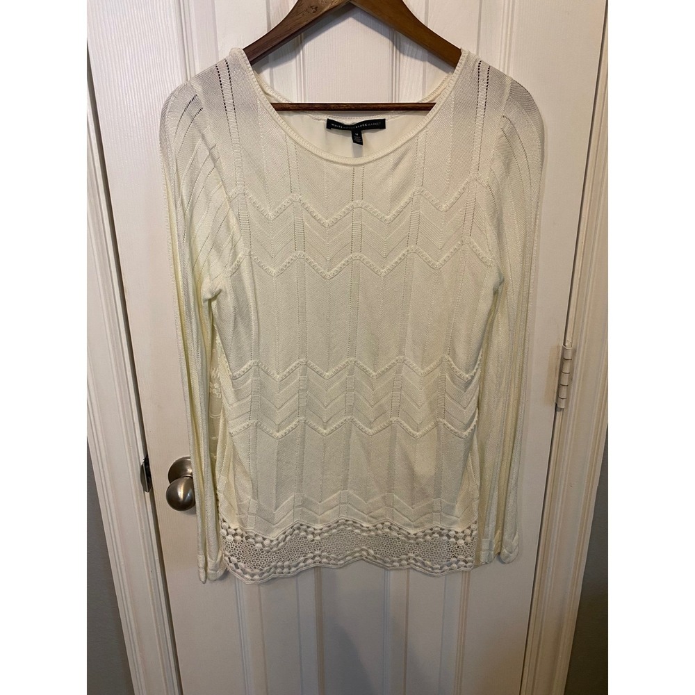 White House Black Market Sweater Top Women's Medium Chevron‎ Lace Trim Off White